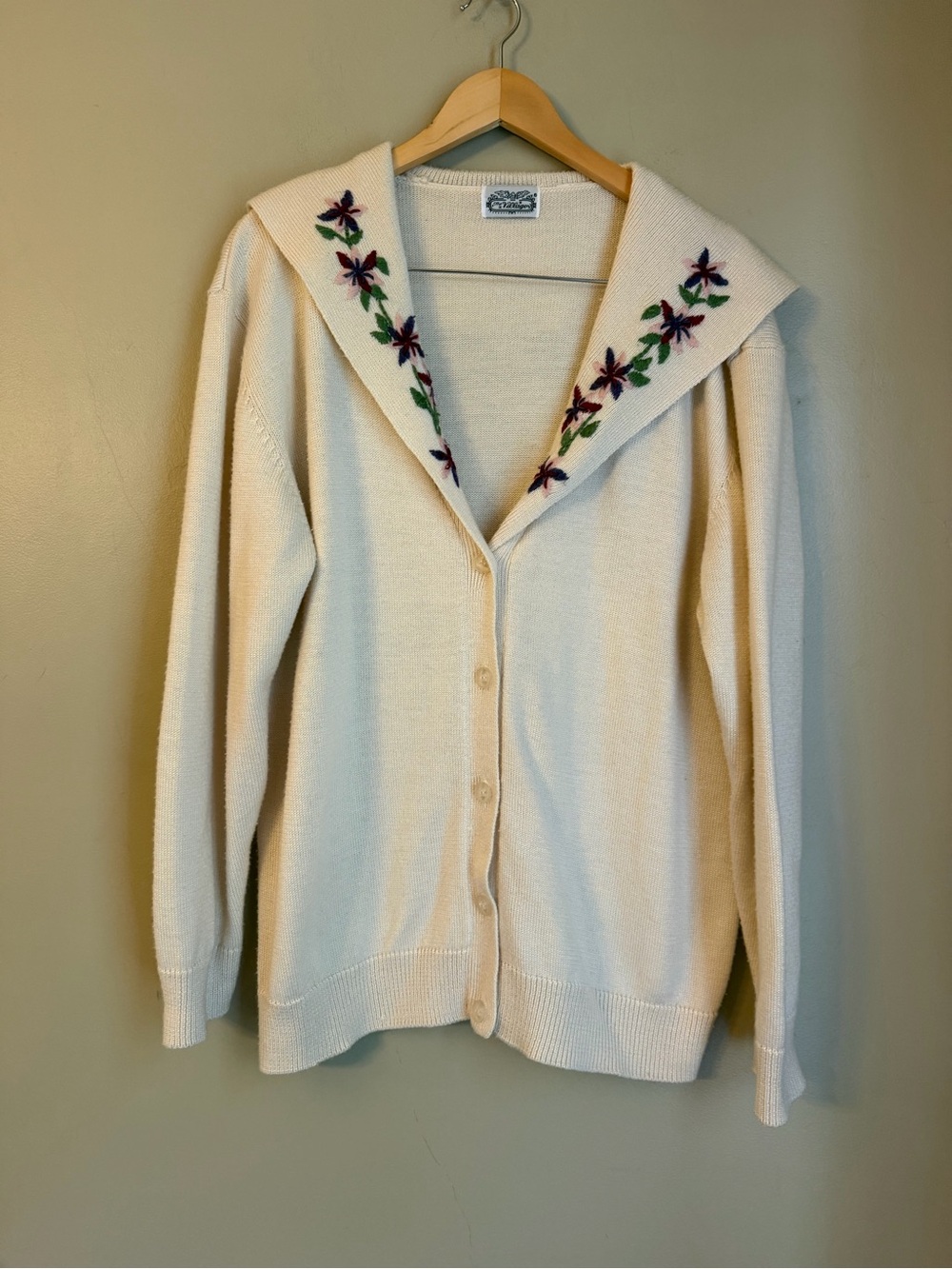 Vtg The Villager Cardigan sweater Shaw Collar Floral Embroidery Cottagecore